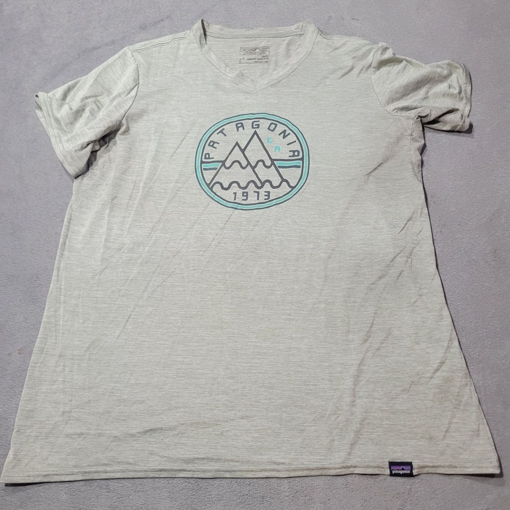 Patagonia T-Shirt Kids L Gray Capilene Daily Baselayer V-Neck 1973 Mountain Logo